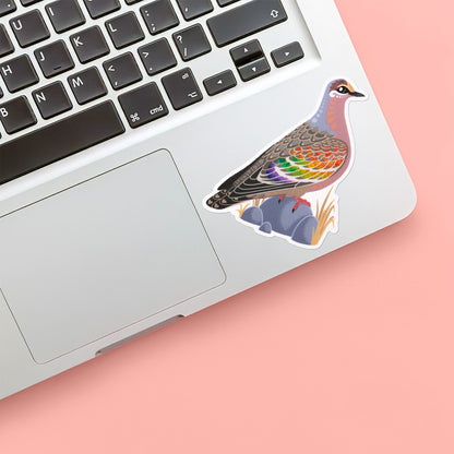 Colourful die-cut sticker of a male common bronzewing pigeon stuck below the keyboard of a Macbook laptop on a peach background.