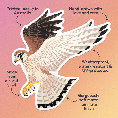 Features & benefits ('Hand-drawn with love and care', 'Made from die-cut vinyl', 'Gorgeously soft matte laminate finish', 'Weatherproof, water-resistant and UV-protected', 'Printed locally in Australia') surrounding a colourful sticker of a hovering female nankeen kestrel on a pink, orange and yellow gradient background.