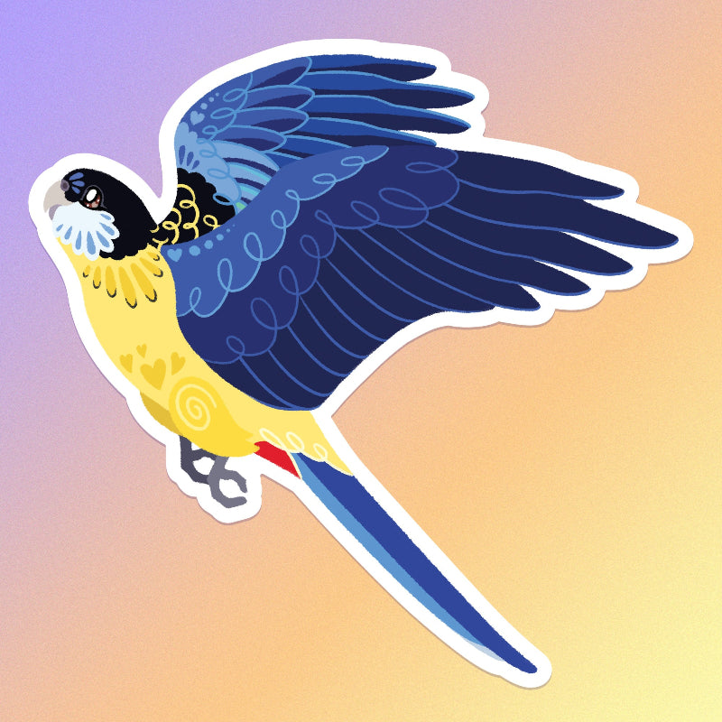 Colourful sticker of a Northern Rosella in flight on a purple, orange and yellow gradient background.