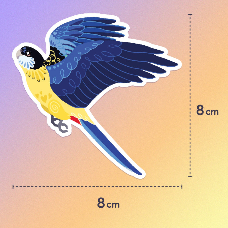 8x8cm colourful sticker of a Northern Rosella in flight on a purple, orange and yellow gradient background.