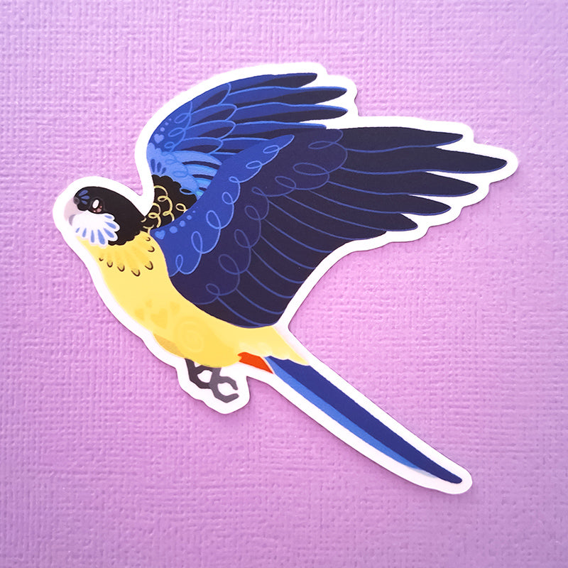 Real photo of a colourful sticker of a Northern Rosella in flight on a purple canvas textured background.