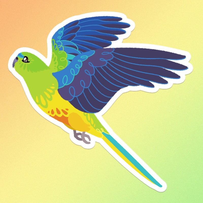 Colourful sticker of an Orange-Bellied Parrot in flight on a orange, yellow and green gradient background.