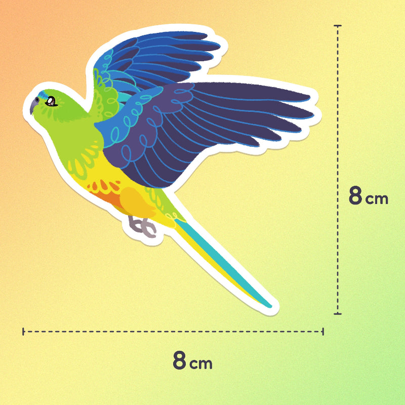 8x8cm colourful sticker of an Orange-Bellied Parrot in flight on a orange, yellow and green gradient background.