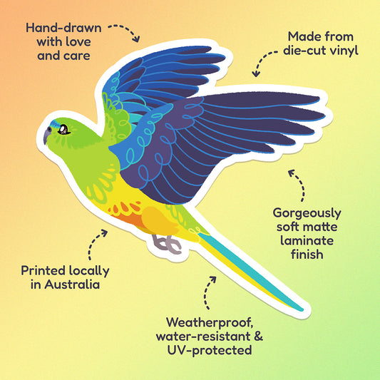 Features & benefits ('Hand-drawn with love and care', 'Made from die-cut vinyl', 'Gorgeously soft matte laminate finish', 'Weatherproof, water-resistant and UV-protected', 'Printed locally in Australia' surrounding a colourful sticker of an Orange-Bellied Parrot in flight on a orange, yellow and green gradient background.