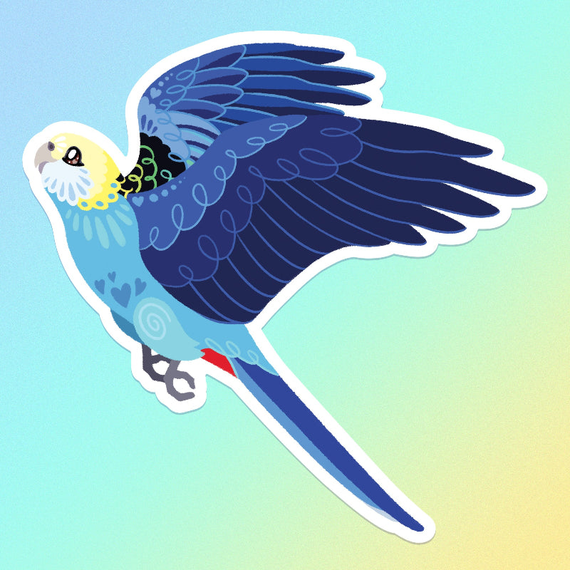 Colourful sticker of a Pale-Headed Rosella in flight on a blue, green and yellow gradient background.