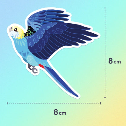 8x8cm colourful sticker of a Pale-Headed Rosella in flight on a blue, green and yellow gradient background.