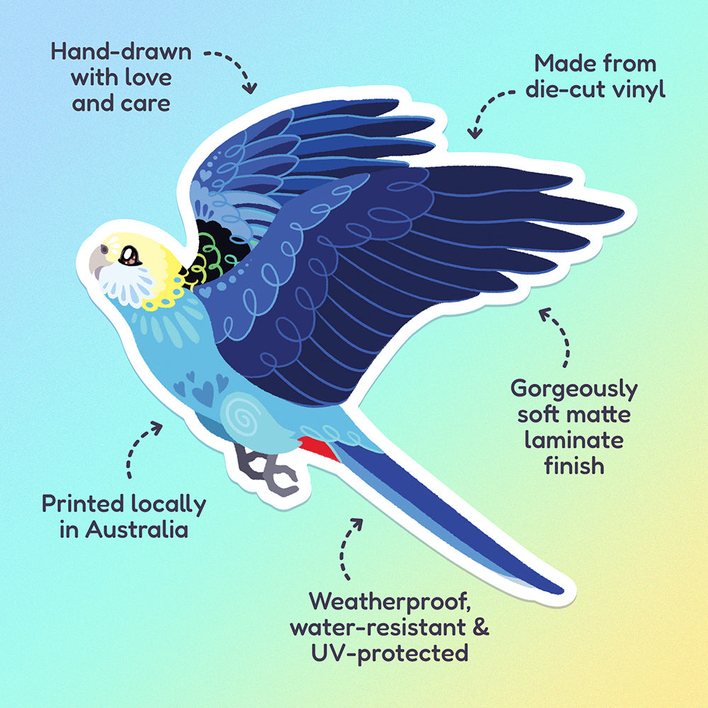 Features & benefits ('Hand-drawn with love and care', 'Made from die-cut vinyl', 'Gorgeously soft matte laminate finish', 'Weatherproof, water-resistant and UV-protected', 'Printed locally in Australia' surrounding a colourful sticker of a Pale-Headed Rosella in flight on a blue, green and yellow gradient background.