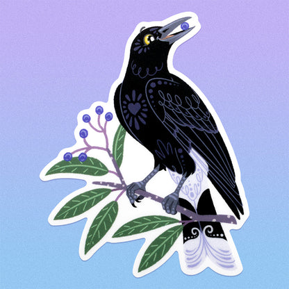 Colourful diecut sticker of a pied currawong eating a blueberry ash berry on a purple to blue gradient background.