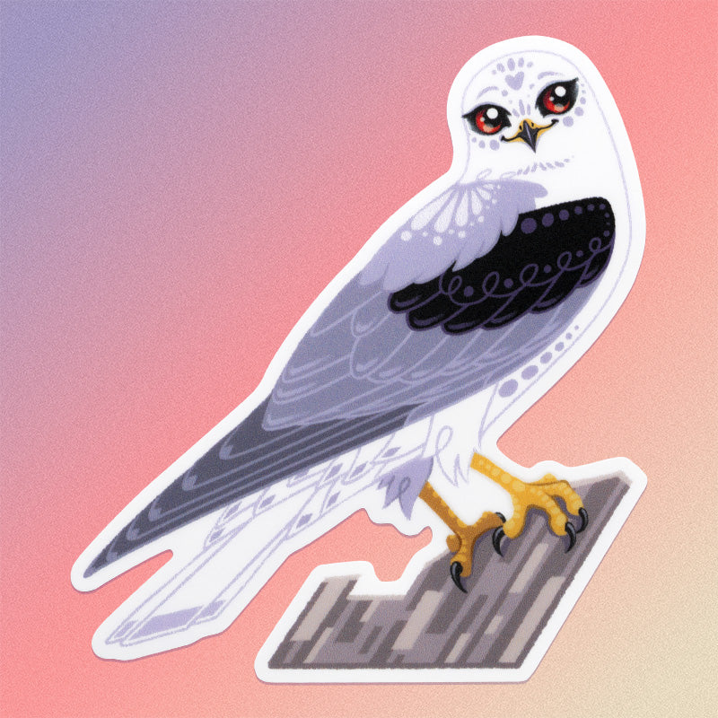 Colourful sticker of a black-shouldered kite perched on a branch on a purple, red and beige gradient background.