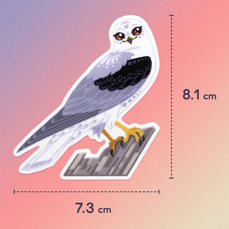7.3x8.1cm colourful sticker of a black-shouldered kite perched on a branch on a purple, red and beige gradient background.