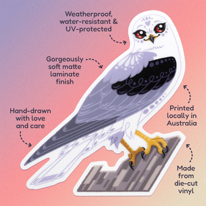 Features & benefits ('Hand-drawn with love and care', 'Made from die-cut vinyl', 'Gorgeously soft matte laminate finish', 'Weatherproof, water-resistant and UV-protected', 'Printed locally in Australia' surrounding a colourful sticker of a black-shouldered kite perched on a branch on a purple, red and beige gradient background.