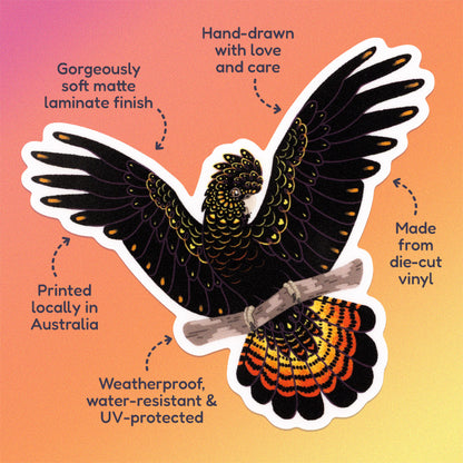 Features & benefits ('Hand-drawn with love and care', 'Made from die-cut vinyl', 'Gorgeously soft matte laminate finish', 'Weatherproof, water-resistant and UV-protected', 'Printed locally in Australia' surrounding a colourful sticker of a female red-tailed black cockatoo perched on a brand with her wings out on a pink, orange and yellow gradient background.