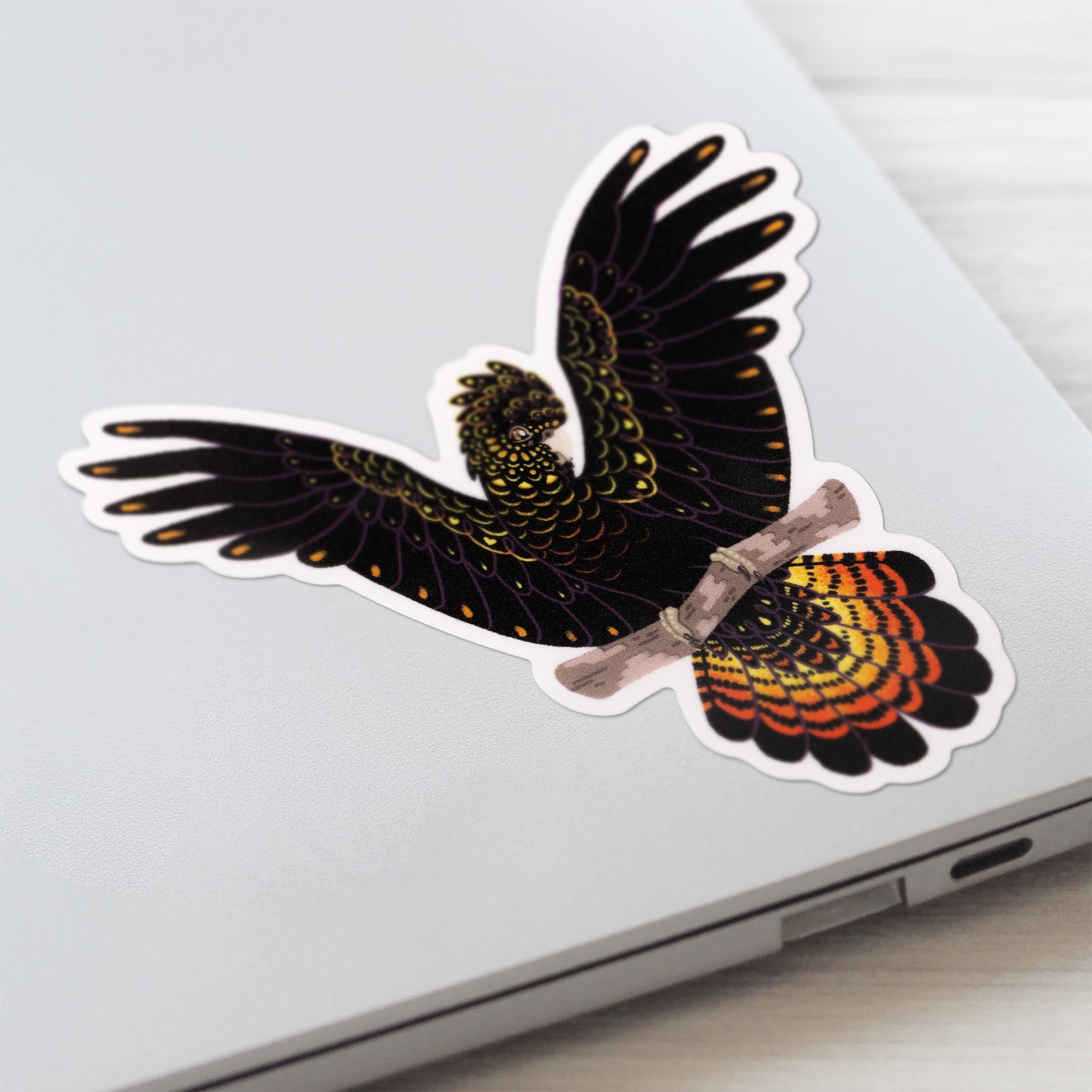Closeup of a colourful sticker of a female red-tailed black cockatoo perched on a branch with her wings out stuck to a lid of a Macbook laptop on a textured white wood background.
