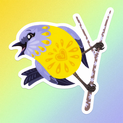 Colourful sticker of an eastern yellow robin perched on a lichen-covered branch on a yellow, green and blue gradient background.