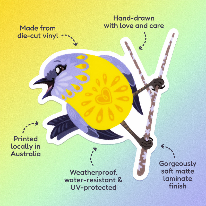 Features & benefits ('Hand-drawn with love and care', 'Made from die-cut vinyl', 'Gorgeously soft matte laminate finish', 'Weatherproof, water-resistant and UV-protected', 'Printed locally in Australia' surrounding a colourful sticker of an eastern yellow robin perched on a lichen-covered branch on a yellow, green and blue gradient background.