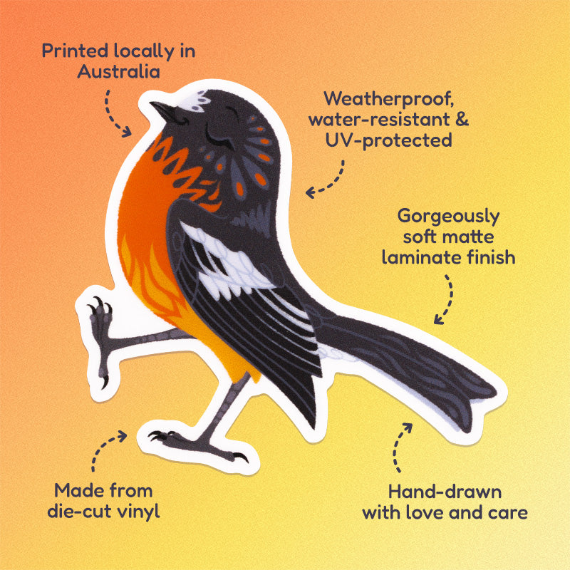 Features & benefits ('Hand-drawn with love and care', 'Made from die-cut vinyl', 'Gorgeously soft matte laminate finish', 'Weatherproof, water-resistant and UV-protected', 'Printed locally in Australia' surrounding a colourful sticker of a male flame robin walking with pep in his step on an orange and yellow gradient background.