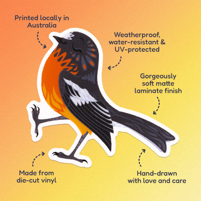 Features & benefits ('Hand-drawn with love and care', 'Made from die-cut vinyl', 'Gorgeously soft matte laminate finish', 'Weatherproof, water-resistant and UV-protected', 'Printed locally in Australia' surrounding a colourful sticker of a male flame robin walking with pep in his step on an orange and yellow gradient background.