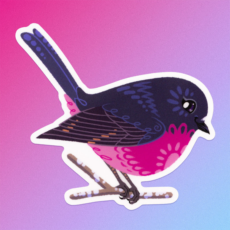 Colourful sticker of a male pink robin perched on a lichen-covered branch on a pink and purple gradient background.
