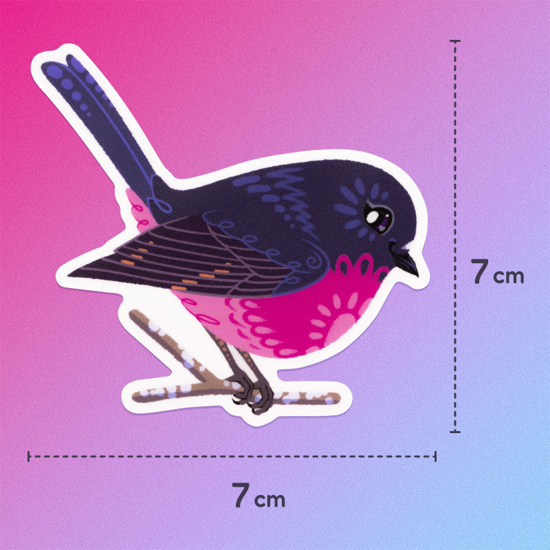 7x7cm colourful sticker of a male pink robin perched on a lichen-covered branch on a pink and purple gradient background.