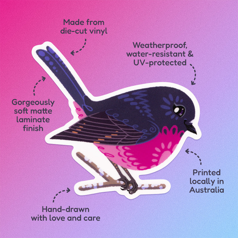Features & benefits ('Hand-drawn with love and care', 'Made from die-cut vinyl', 'Gorgeously soft matte laminate finish', 'Weatherproof, water-resistant and UV-protected', 'Printed locally in Australia' surrounding a colourful sticker of a male pink robin perched on a lichen-covered branch on a pink and purple gradient background.