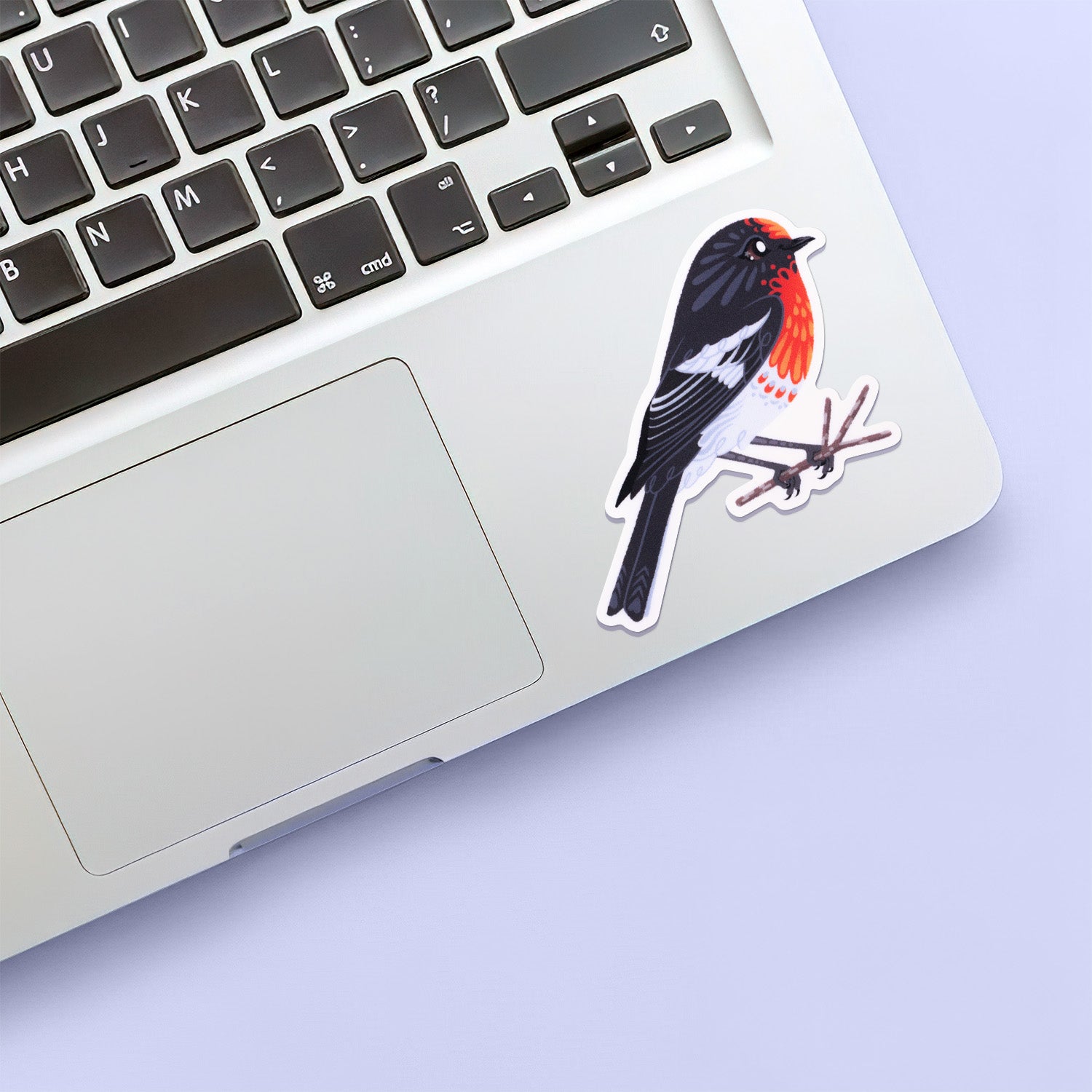 Colourful sticker of a male red-capped robin perched on a lichen-covered branch stuck below the keyboard of a Macbook laptop on grey background.