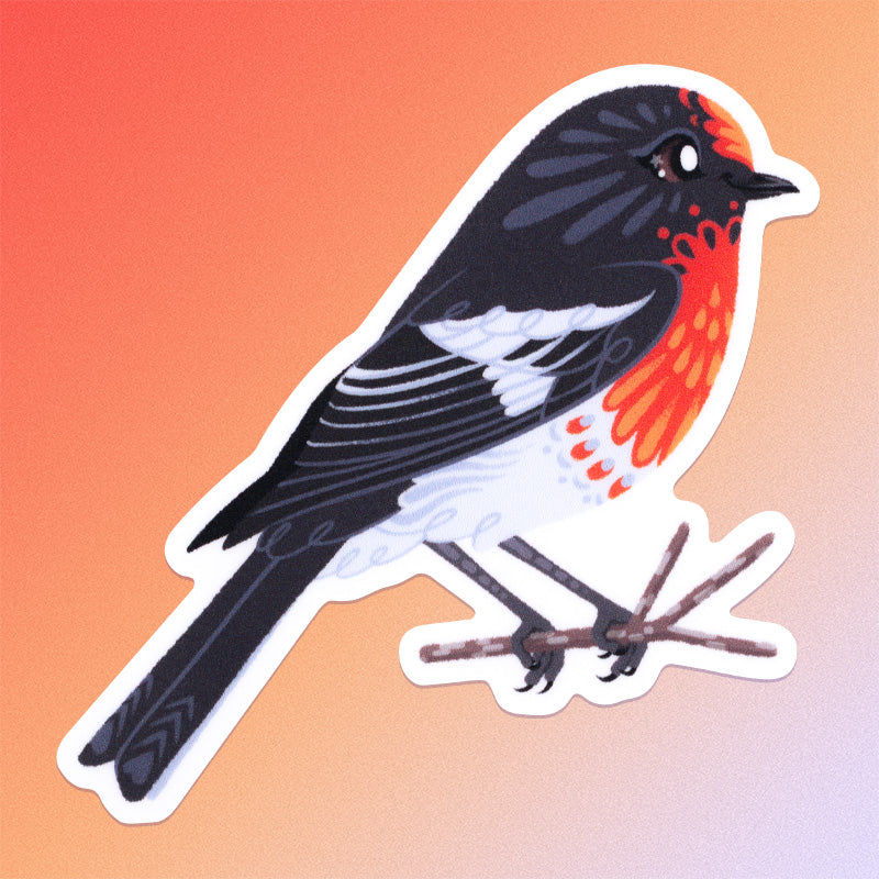 Colourful sticker of a male red-capped robin perched on a lichen-covered branch on a red, orange and white gradient background.
