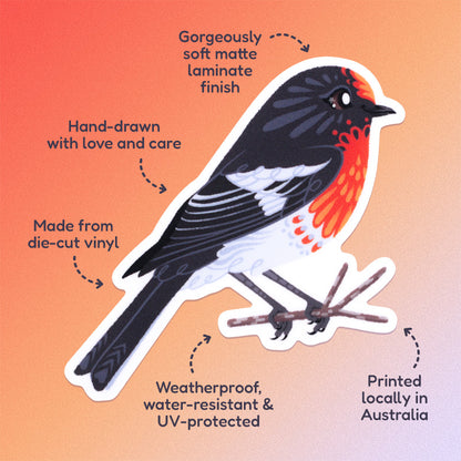 Features & benefits ('Hand-drawn with love and care', 'Made from die-cut vinyl', 'Gorgeously soft matte laminate finish', 'Weatherproof, water-resistant and UV-protected', 'Printed locally in Australia' surrounding a colourful sticker of a male red-capped robin perched on a lichen-covered branch on a red, orange and white gradient background.