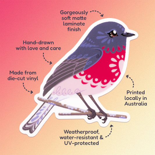 Features & benefits ('Hand-drawn with love and care', 'Made from die-cut vinyl', 'Gorgeously soft matte laminate finish', 'Weatherproof, water-resistant and UV-protected', 'Printed locally in Australia' surrounding a colourful sticker of a male rose robin perched on a lichen-covered branch on a pink, coral and cream gradient background.