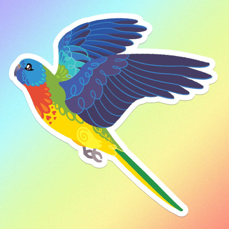 Colourful sticker of a Scarlet-Chested Parrot in flight on a rainbow gradient background.