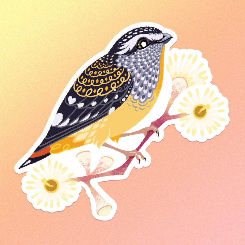 A colourful sticker of a spotted pardalote on a pink gum branch with pale yellow flowers on a yellow, orange and pink gradient background.