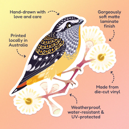 Features & benefits ('Hand-drawn with love and care', 'Made from die-cut vinyl', 'Gorgeously soft matte laminate finish', 'Weatherproof, water-resistant and UV-protected', 'Printed locally in Australia' surrounding a colourful sticker of a spotted pardalote on a pink gum branch with pale yellow flowers on a yellow, orange and pink gradient background.