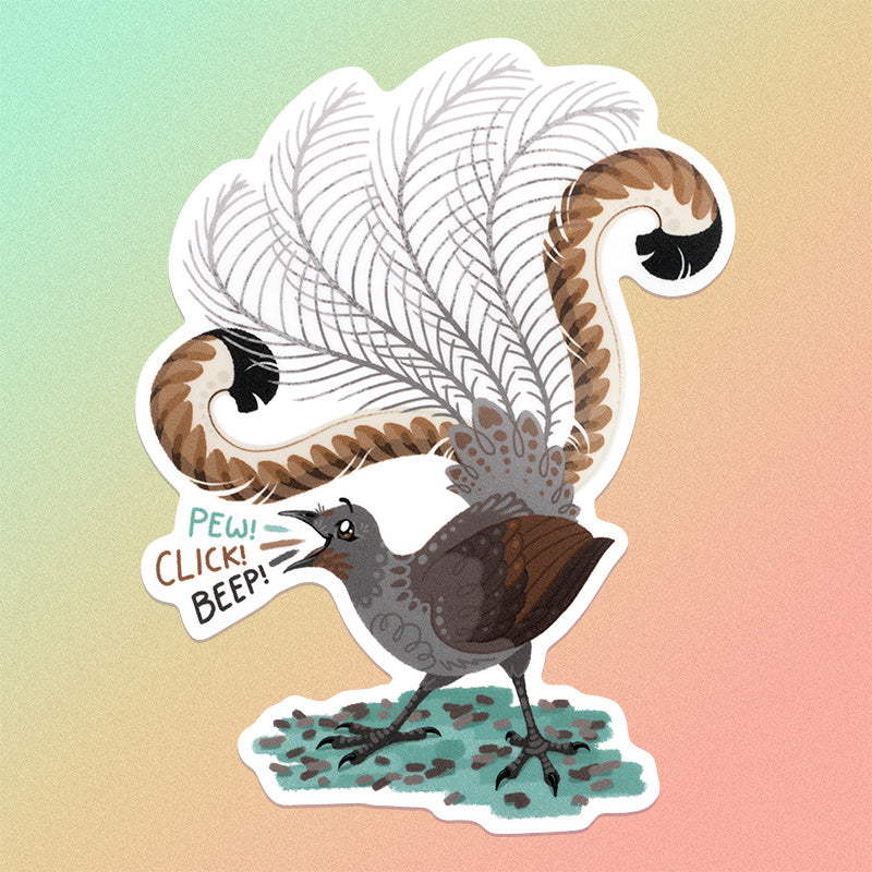 Colourful sticker of a male superb lyrebird singing on a pale green, yellow and orange background.