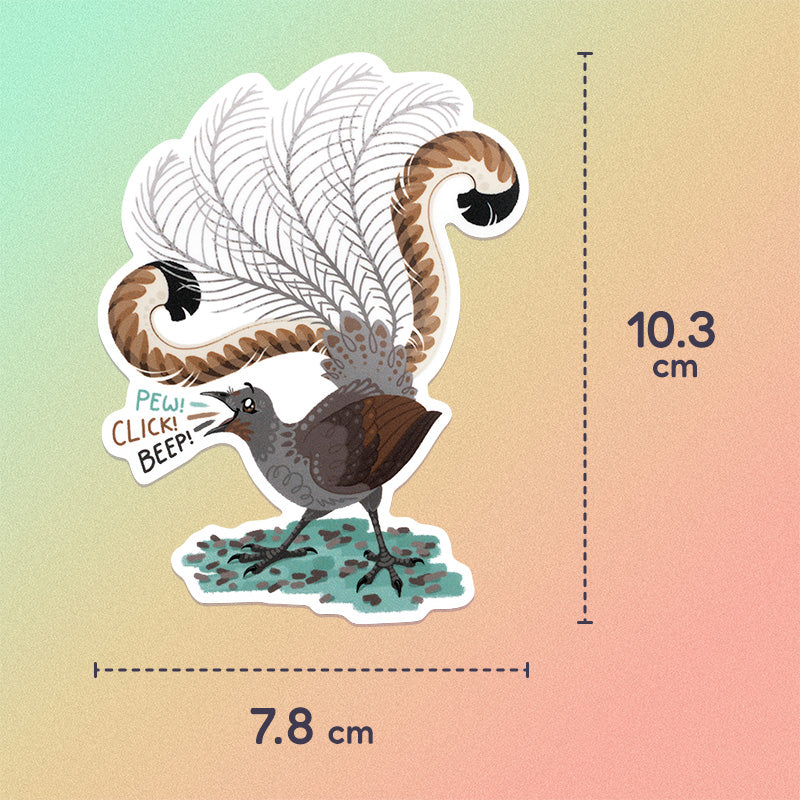 7.8x10.3cm colourful sticker of a male superb lyrebird singing on a pale green, yellow and orange background.