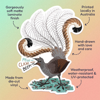 Features & benefits ('Hand-drawn with love and care', 'Made from die-cut vinyl', 'Gorgeously soft matte laminate finish', 'Weatherproof, water-resistant and UV-protected', 'Printed locally in Australia' surrounding a colourful sticker of a male superb lyrebird singing on a pale green, yellow and orange background.