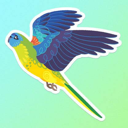 Colourful sticker of a Turquoise Parrot in flight on a blue and green gradient background.