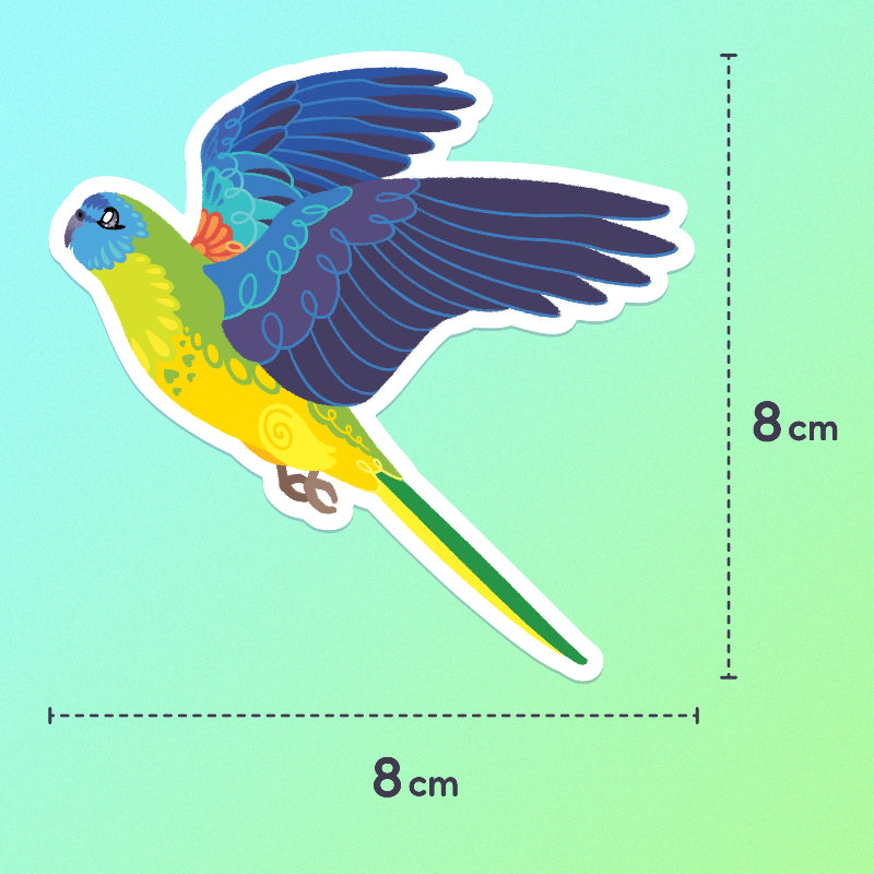8x8cm colourful sticker of a Turquoise Parrot in flight on a blue and green gradient background.