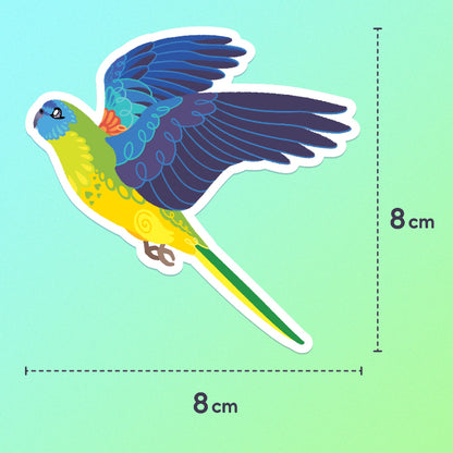 8x8cm colourful sticker of a Turquoise Parrot in flight on a blue and green gradient background.