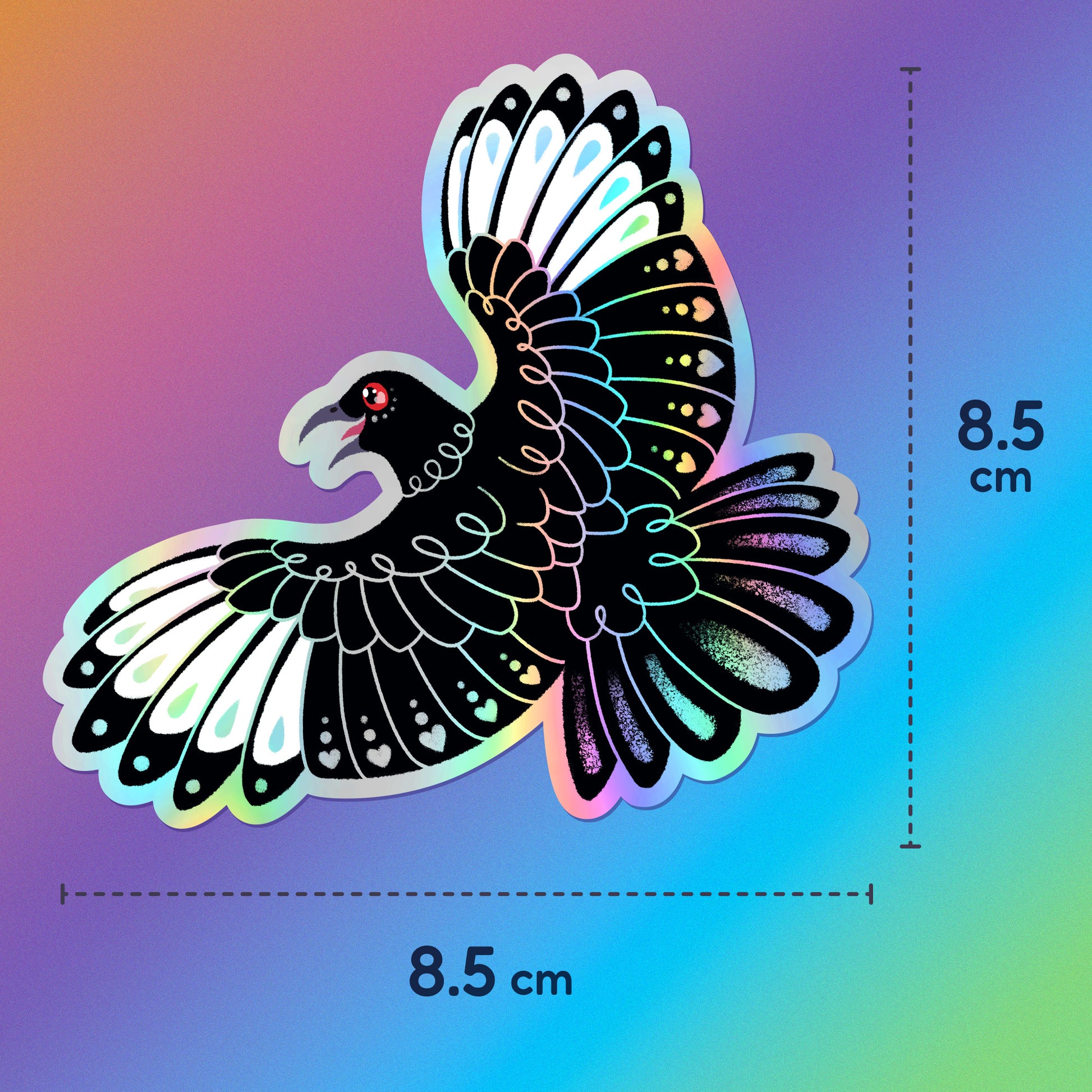 8.5 x 8.5cm colourful holographic metallic die-cut sticker of a white-winged chough with spread wings on a rainbow gradient background. 