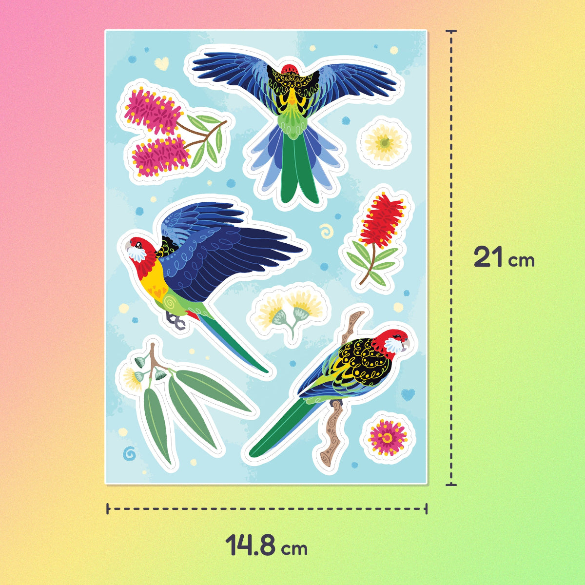 A5 (21 x 14.8 cm) colourful sticker sheet of 3 different Eastern Rosellas, eucalyptus leaves, eucalyptus flowers and red & pink bottlebrush flowers on a pink, orange, yellow and green gradient background.