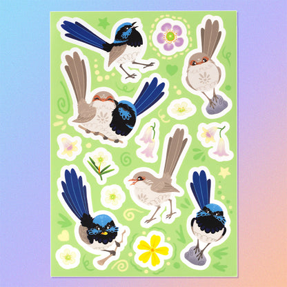 15 colourful stickers of male & female Superb Fairywrens and pink and yellow native flowers on a blue and pink gradient background.