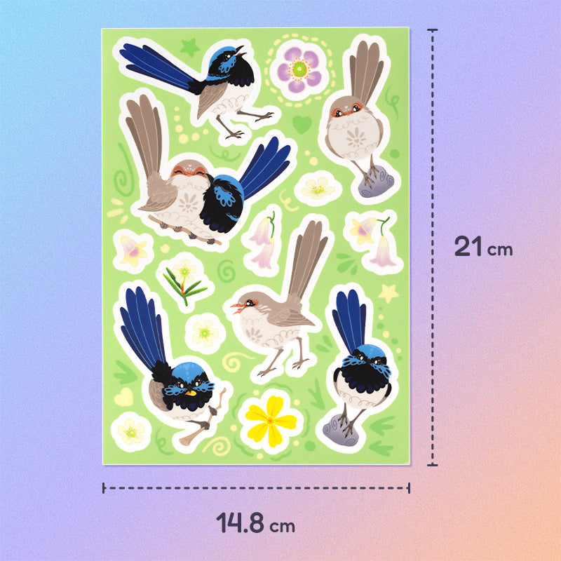 15 colourful stickers of male & female Superb Fairywrens and pink and yellow native flowers on an A5 sheet on a blue and pink gradient background.