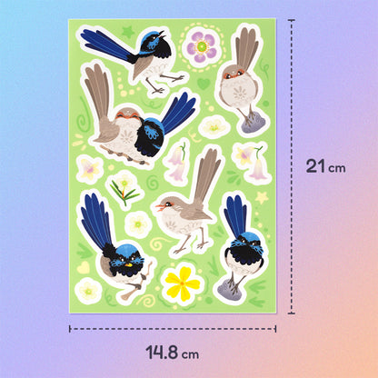 15 colourful stickers of male & female Superb Fairywrens and pink and yellow native flowers on an A5 sheet on a blue and pink gradient background.