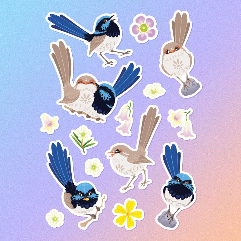 15 colourful stickers of male & female Superb Fairywrens and pink and yellow native flowers on a blue and pink gradient background.