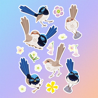 15 colourful stickers of male & female Superb Fairywrens and pink and yellow native flowers on a blue and pink gradient background.