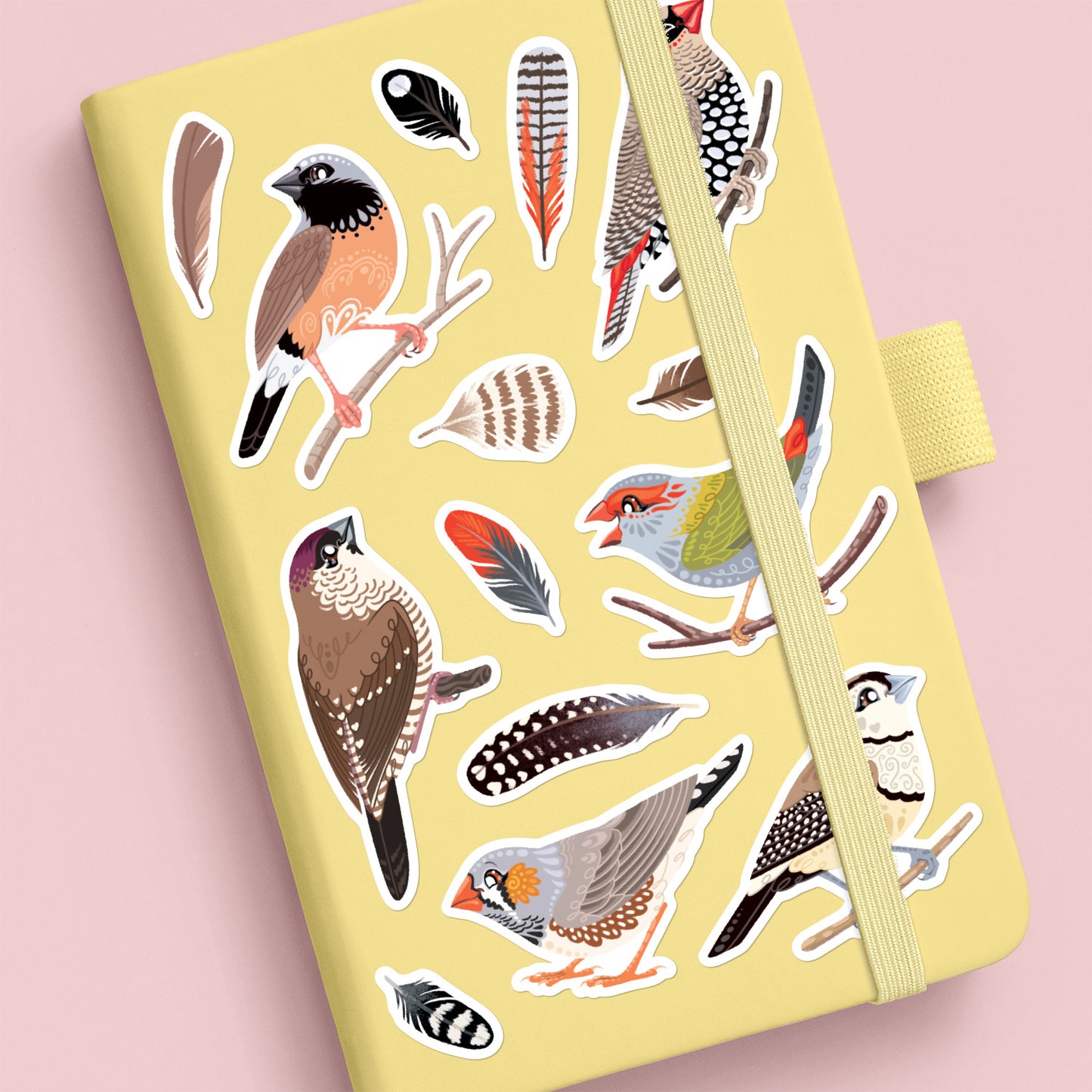 Assorted Australian finches & feathers (Zebra, Double-Barred, Plum-Headed, Red-Browed Firetail, Red-Eared Firetail, Black-Throated) stickers stuck to a pale yellow journal on a peach background.
