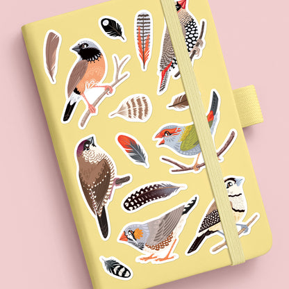 Assorted Australian finches & feathers (Zebra, Double-Barred, Plum-Headed, Red-Browed Firetail, Red-Eared Firetail, Black-Throated) stickers stuck to a pale yellow journal on a peach background.