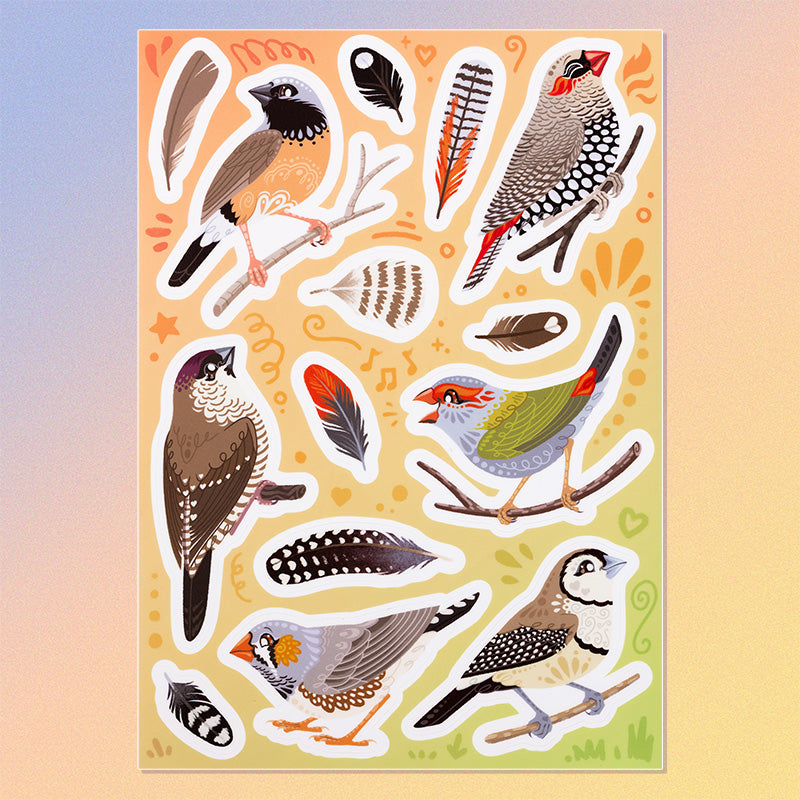 14 Australian finches & feathers (Zebra, Double-Barred, Plum-Headed, Red-Browed Firetail, Red-Eared Firetail, Black-Throated) stickers on a sheet on a pastel blue, peach and yellow background.