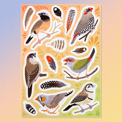 14 Australian finches & feathers (Zebra, Double-Barred, Plum-Headed, Red-Browed Firetail, Red-Eared Firetail, Black-Throated) stickers on a sheet on a pastel blue, peach and yellow background.