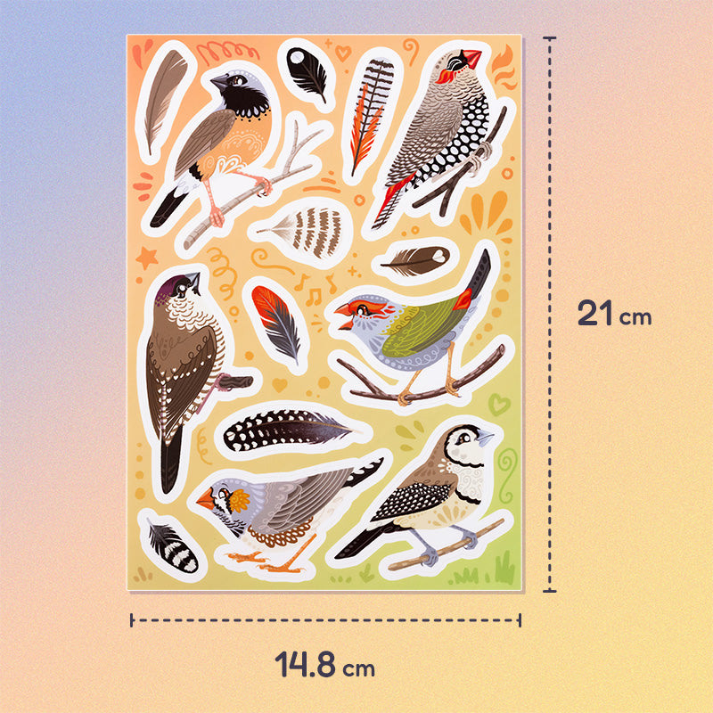 A5 sticker sheet including 14 Australian finches & feather (Zebra, Double-Barred, Plum-Headed, Red-Browed Firetail, Red-Eared Firetail, Black-Throated) stickers on a pastel blue, peach and yellow background.