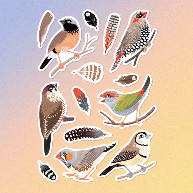 14 Australian finches & feathers (Zebra, Double-Barred, Plum-Headed, Red-Browed Firetail, Red-Eared Firetail, Black-Throated) stickers on a pastel blue, peach and yellow background.
